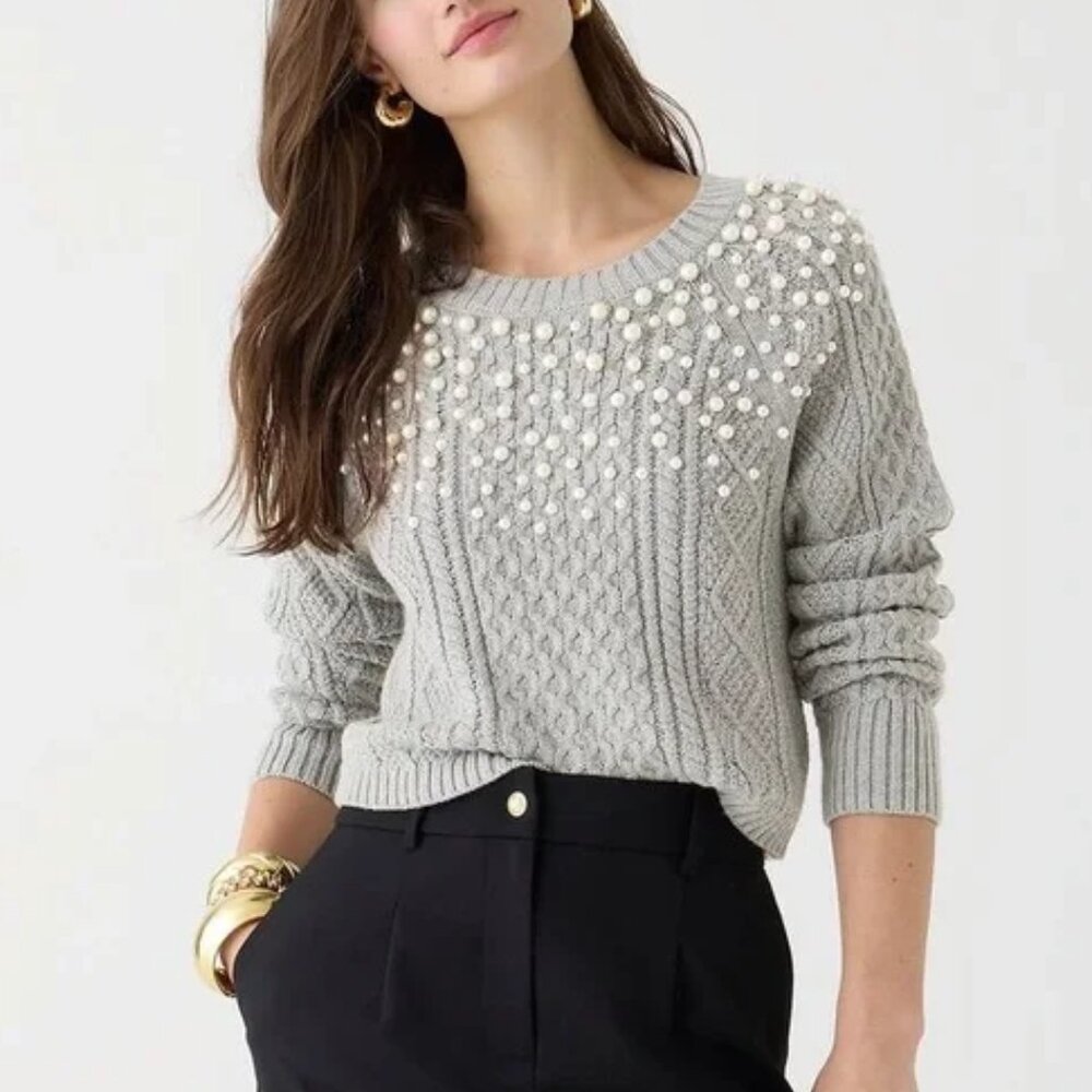 [J. Crew] Pearl Embellished Cotton Cable-Knit Sweater Small